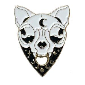 Cat Skull Face Ears Ouija Planchette Black White Enamel Pin Gold Tone Metal